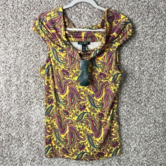 Lauren Ralph Lauren Top Women’s Large Yellow/Pink Paisley Print Short Sleeve NWT - Picture 1 of 5